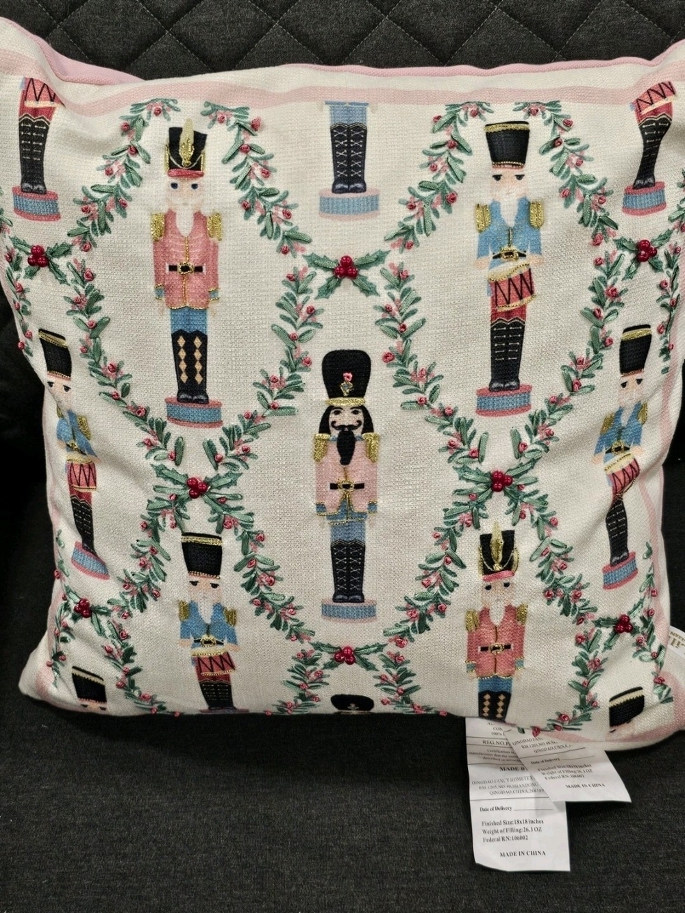 Lillian August Nutcracker Pillow Pink 18 x18 Embroidered Christmas Holiday